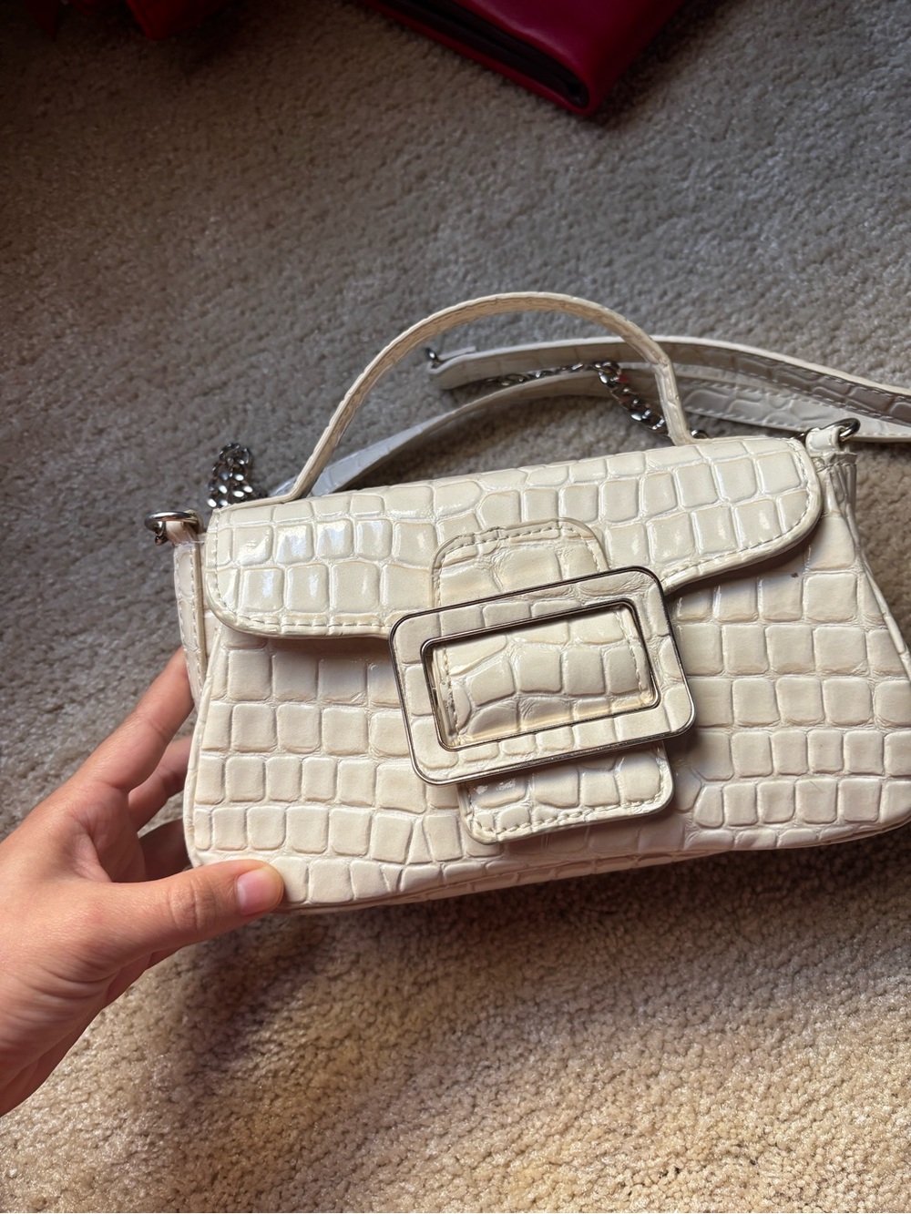 Croc-Embossed Mini Buckle Shoulder Bag in Cream